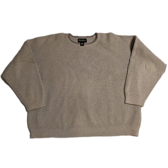 Eddie Bauer Sweater Mens L Oatmeal Waffle Knit Cotton Made in UK Fisherman Crew - Picture 1 of 9